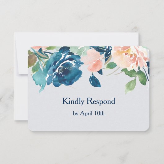 Indigo Blue Peach Rozen Wedding RSVP Kaartje (Voorkant)