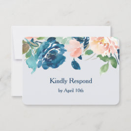 Indigo Blue Peach Rozen Wedding RSVP Kaartje
