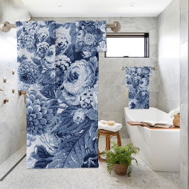 Indigo Blue  Peony Dahlias Floral Toile Bad Handdoek