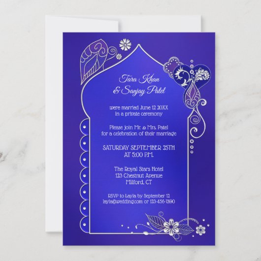 Indigo Blue Silver Henna na Weddenschap Kaart (Voorkant)
