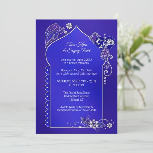 Indigo Blue Silver Henna na Weddenschap Kaart (Staand voorkant)