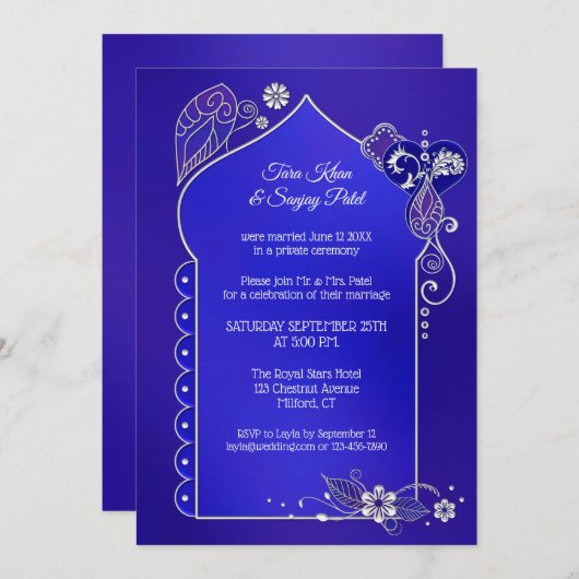 Indigo Blue Silver Henna na Weddenschap Kaart (Voorkant / Achterkant)