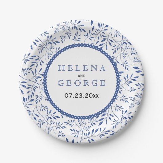 Indigo blue vertrekt patroon moderne bloembruiloft papieren bordje (Voorkant)