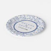 Indigo blue vertrekt patroon moderne bloembruiloft papieren bordje (Gekanteld)