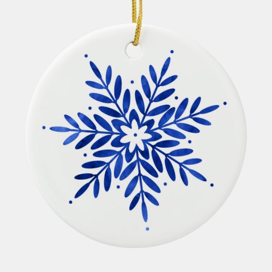 Indigo Blue Waterverf Abstracte Snowflake Keramisch Ornament (Voorkant)
