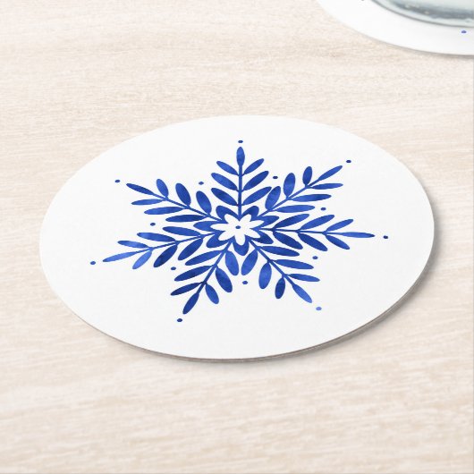 Indigo Blue Waterverf Abstracte Snowflake Ronde Kartonnen Onderzetter (Gebogen)