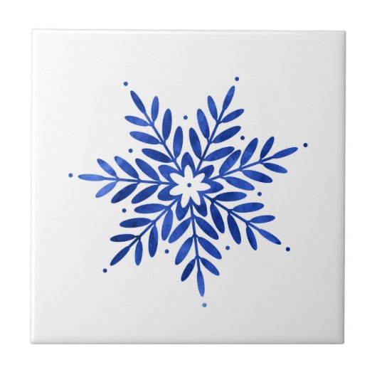 Indigo Blue Waterverf Abstracte Snowflake Tegeltje (Voorkant)