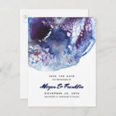 Indigo Blue Waterverf Crystals Bewaar de Datum Aankondigingskaart (Voorkant / Achterkant)