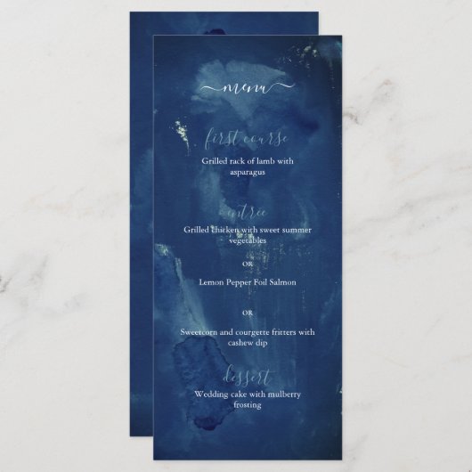 Indigo Blue Waterverf Elegant Wedding Menu (Voorkant / Achterkant)