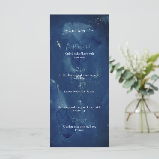 Indigo Blue Waterverf Elegant Wedding Menu (Staand voorkant)