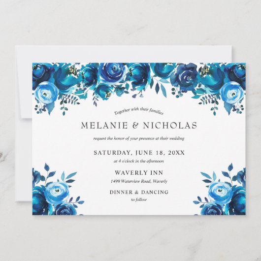 Indigo blue waterverf florale horizontale bruiloft kaart (Voorkant)