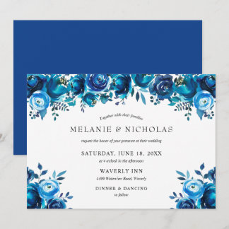 Indigo blue waterverf florale horizontale bruiloft kaart