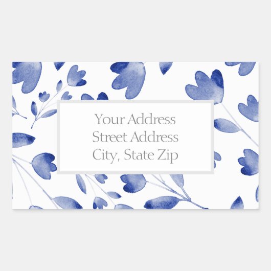Indigo Blue Waterverf Flower Stems Pattern-labels Rechthoekige Sticker (Voorkant)