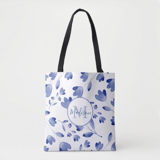 Indigo Blue Waterverf Flower Stems Pattern Tote Bag (Voorkant)