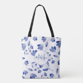 Indigo Blue Waterverf Flower Stems Pattern Tote Bag (Achterkant)