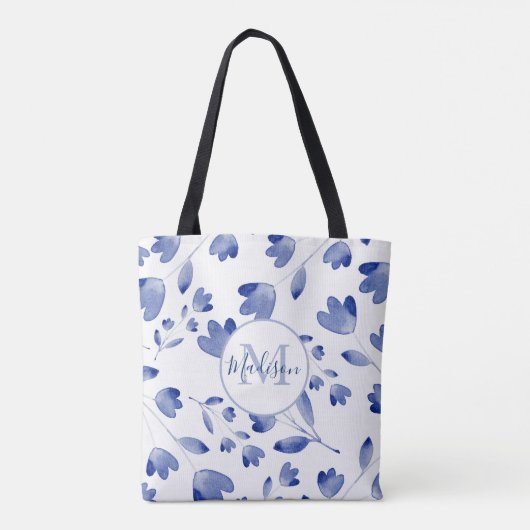Indigo Blue Waterverf Flower Stems Pattern Tote Bag (Achterkant)
