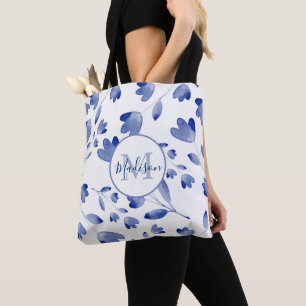 Indigo Blue Waterverf Flower Stems Pattern Tote Bag