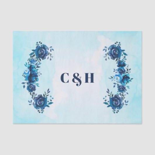 Indigo Blue Waterverf Flowers Floral Wedding Tissuepapier (Voorkant)