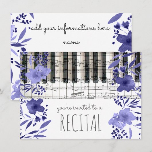 Indigo Blue waterverf Flowers Muziekrecital Kaart (Voorkant / Achterkant)