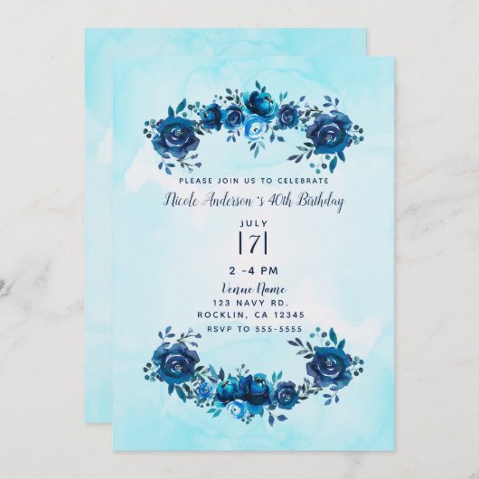 Indigo Blue Waterverf Rustic Floral Birthday Kaart (Voorkant / Achterkant)