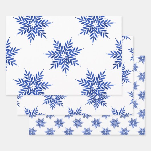 Indigo Blue Waterverf Snowflake Patroon Inpakpapier Vel (Set)