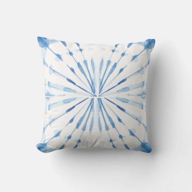 Indigo blue waterverf sunburst shibori-patroon kussen (Voorkant)
