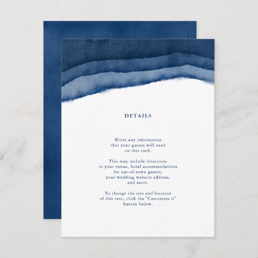 Indigo Blue Waterverf Wedding Insert / Directions Informatiekaartje (Voorkant / Achterkant)
