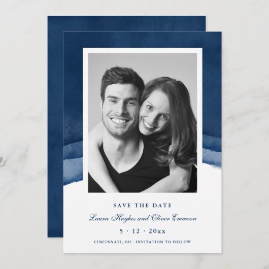 Indigo Blue Waterverf Wedding Save the Date Kaarte Kaart (Voorkant / Achterkant)