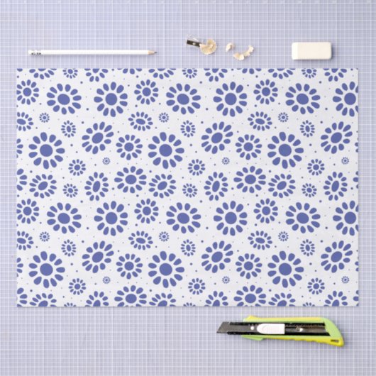 Indigo Blue White Daisy Flower Pattern Tissuepapier (Craft)