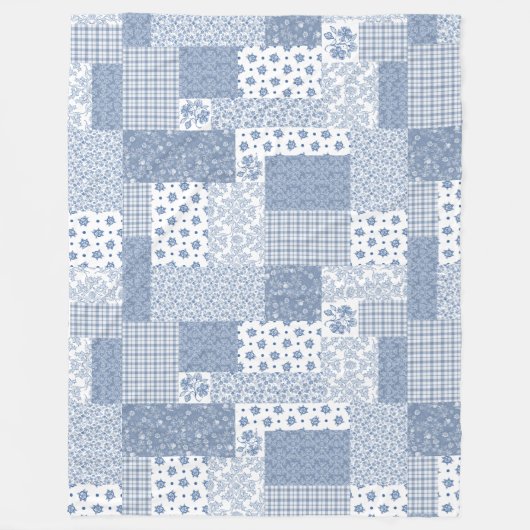 Indigo Blue, White Faux Patchwork Fleece Blanket (Voorkant)