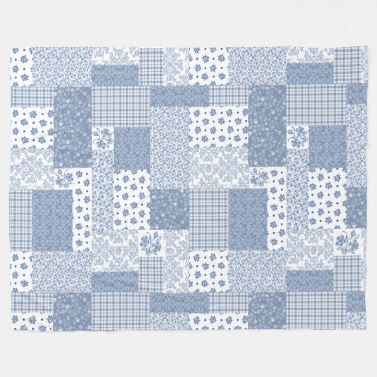 Indigo Blue, White Faux Patchwork Fleece Blanket Deken (Voorkant (Horizontaal))