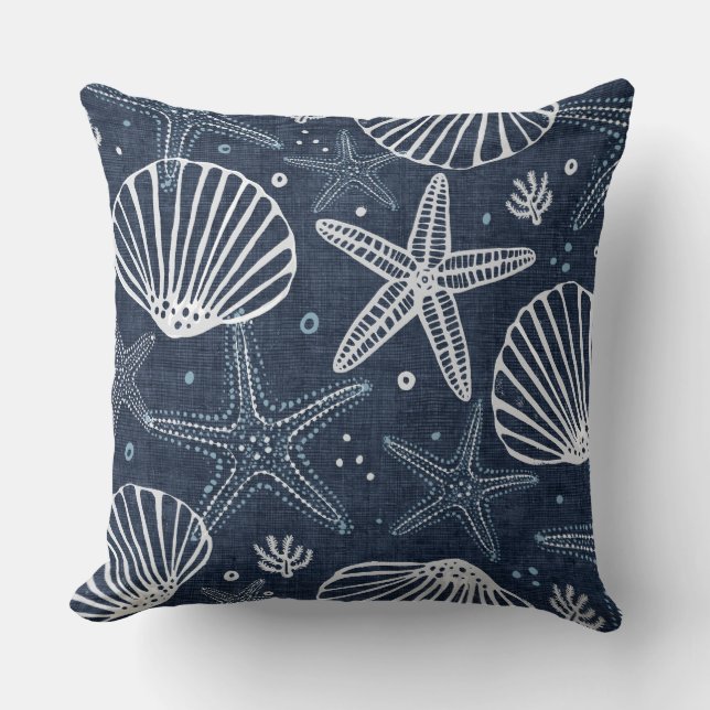 Indigo Blue & White Starfish Sierkussen (Voorkant)