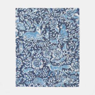 Indigo Blue White Woodland Animal Floral Fleece Deken