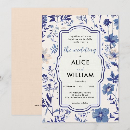 Indigo Blue Wildflower Huwelijksuitnodiging Kaart (Voorkant / Achterkant)
