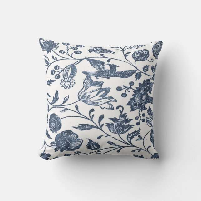 Indigo Blue Woodblock Floral Pillow Kussen (Voorkant)
