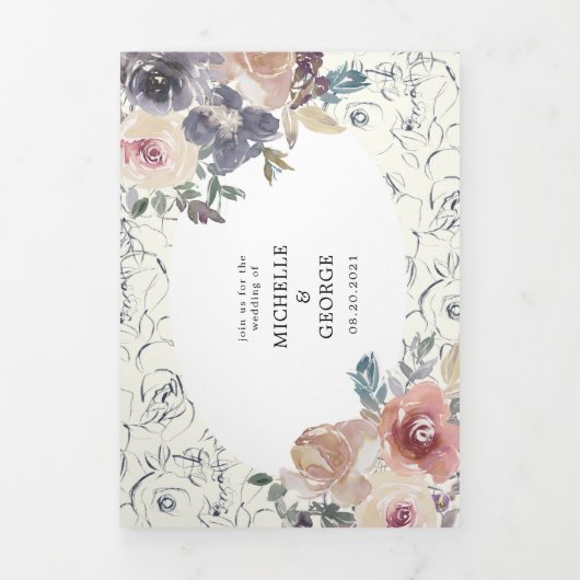 Indigo Blush Bloemen Tri Vouw bruiloft uitnodiging (Cover)