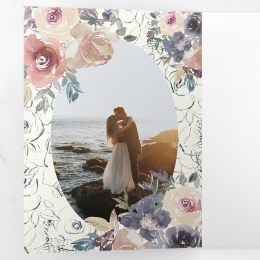 Indigo Blush Bloemen Tri Vouw bruiloft uitnodiging (Binnenzijde eerst)