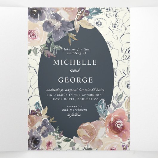 Indigo Blush Bloemen Tri Vouw bruiloft uitnodiging (Binnenkant midden)