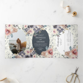 indigo blush bloemendrievoudige trouwuitnodiging drieluik uitnodiging
