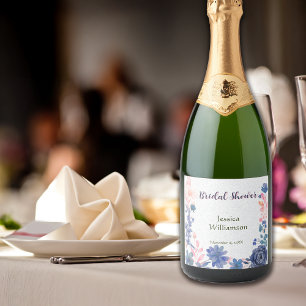Indigo Blush Florals Bruiloft Customize Sparkling Wijnetiket