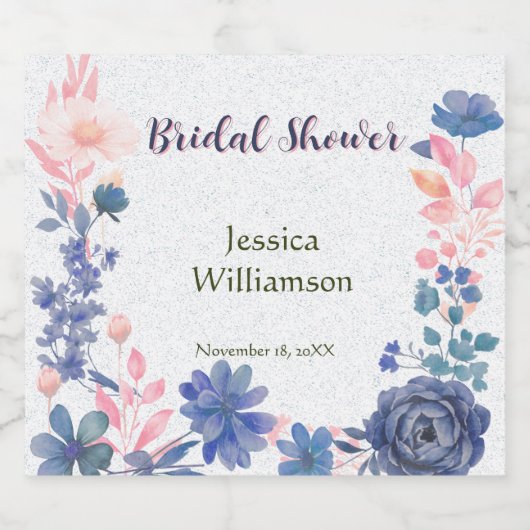 Indigo Blush Florals Bruiloft Customize Sparkling Wijnetiket (Enkel label)