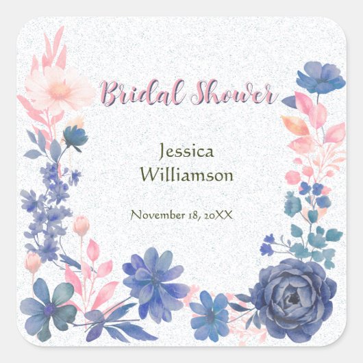 Indigo Blush Florals Bruiloft Customize Vierkante Sticker (Voorkant)
