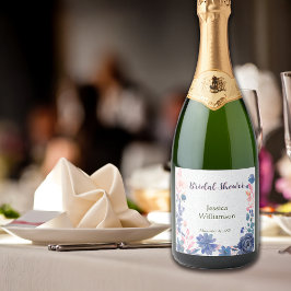 Indigo Blush Florals Bruiloftsfeest Aanpassen Sparkling Wijnetiket