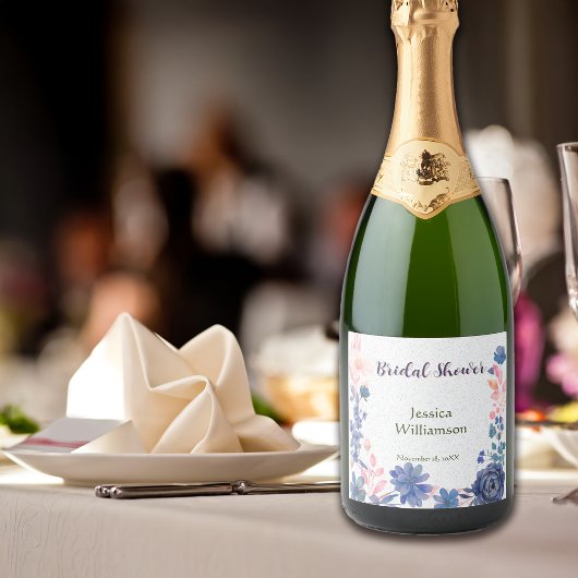 Indigo Blush Florals Bruiloftsfeest Aanpassen Sparkling Wijnetiket