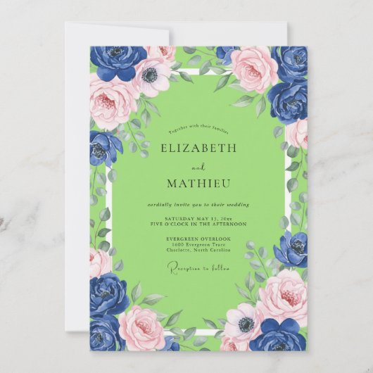 Indigo Blush Lime Ranunculus Eucalyptus Bruiloft Kaart (Voorkant)