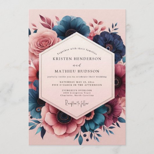 Indigo Blush Painterly Bloom Wedding Kaart (Voorkant)