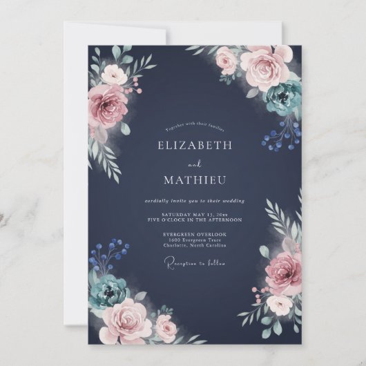 Indigo Blush Ranunculus Eucalyptus Bruiloft Kaart (Voorkant)