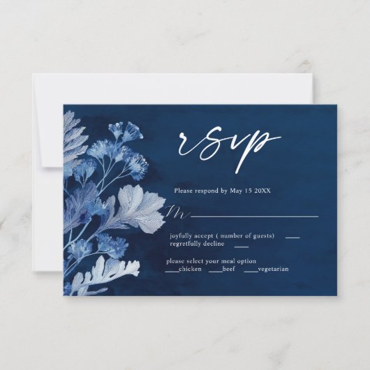 Indigo Botanical Blue Wedding RSVP Kaart (Voorkant)