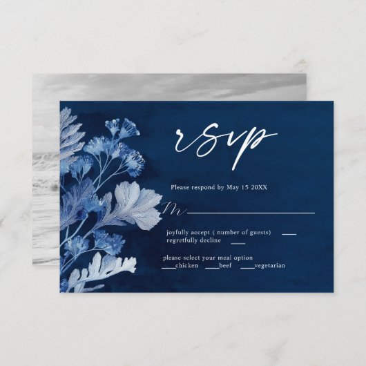 Indigo Botanical Blue Wedding RSVP Kaart (Voorkant / Achterkant)