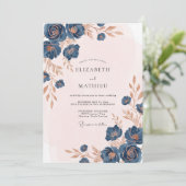 Indigo Bronzen Bloemblad Bruiloft Kaart (Staand voorkant)